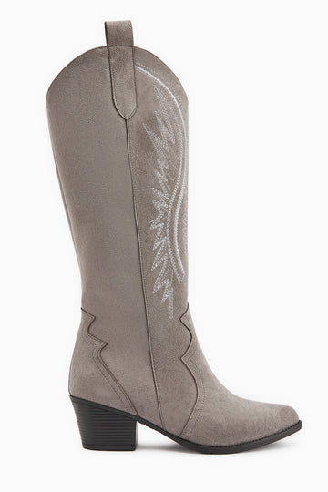 Hero Gri Süet Nakışlı Kovboy Çizme