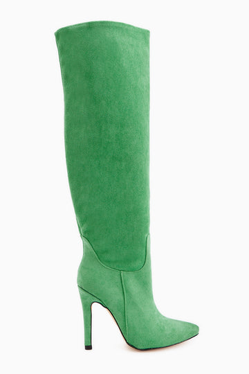 Nenya Yesil Süet Desenli Sivri Burunlu İnce Topuklu Dizüstü Çizme