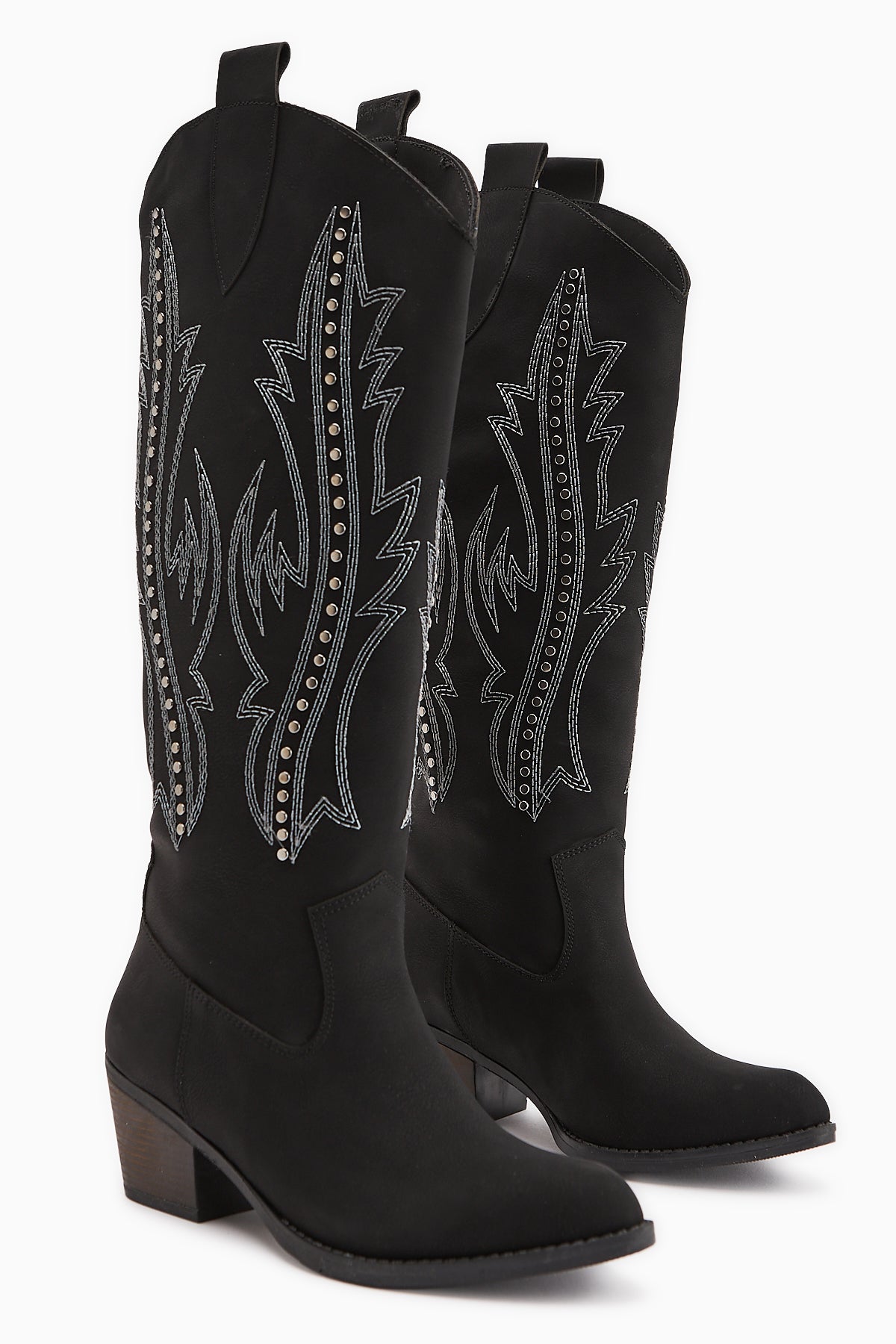 Fizaro Siyah Sivri Burunlu Nakışlı Zımba Detaylı Western Çizme