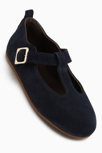 Danni Hakiki Deri Lacivert Süet Kemerli Kadın Babet