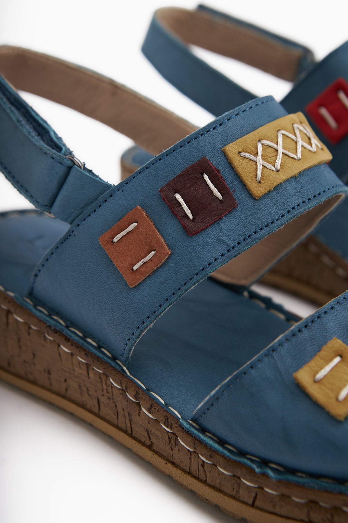 Loreta Hakiki Deri Mavi Çift Bantlı Kadın Sandalet