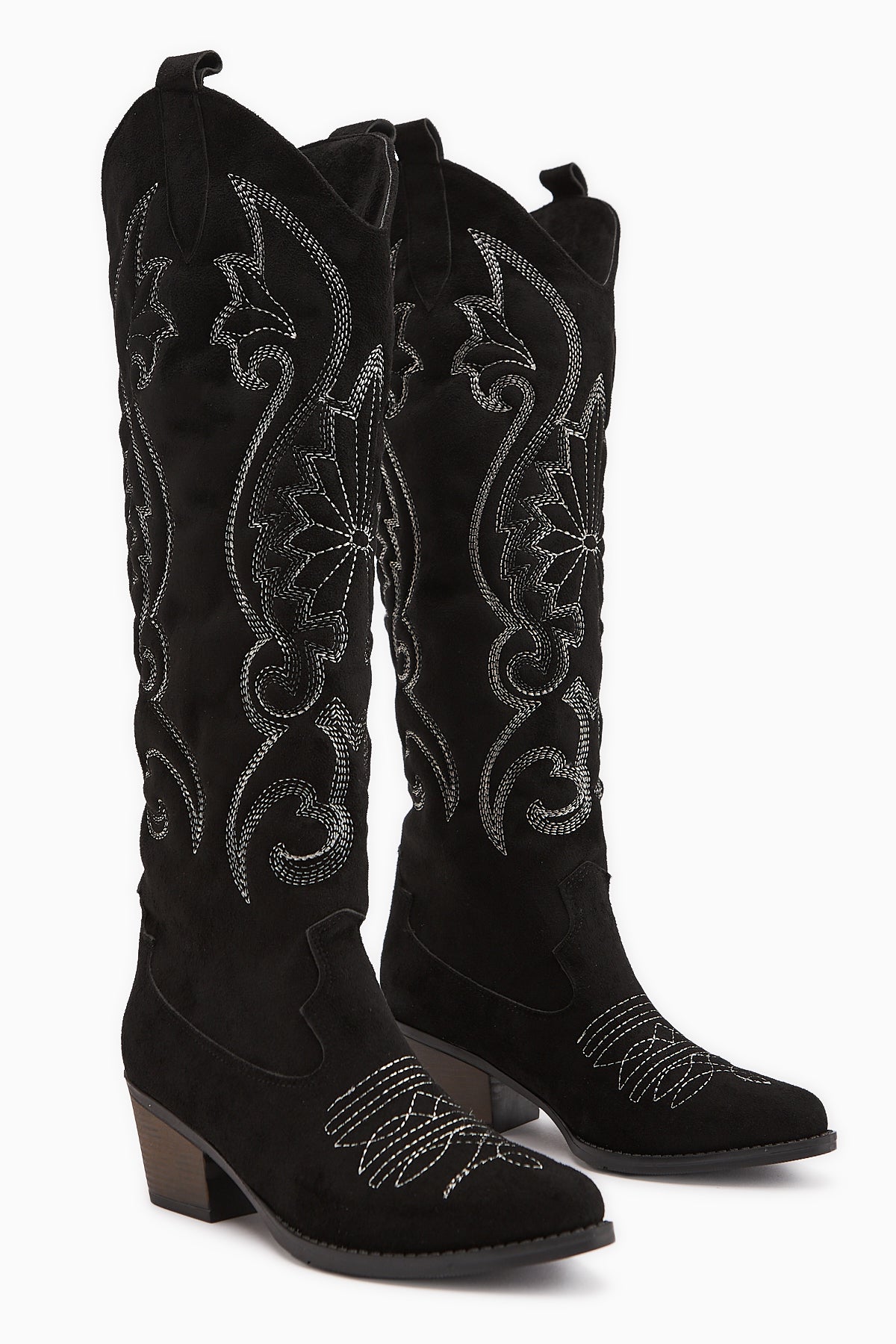 Dani Siyah Süet Nakış Detaylı Sivri Burunlu Western Çizme