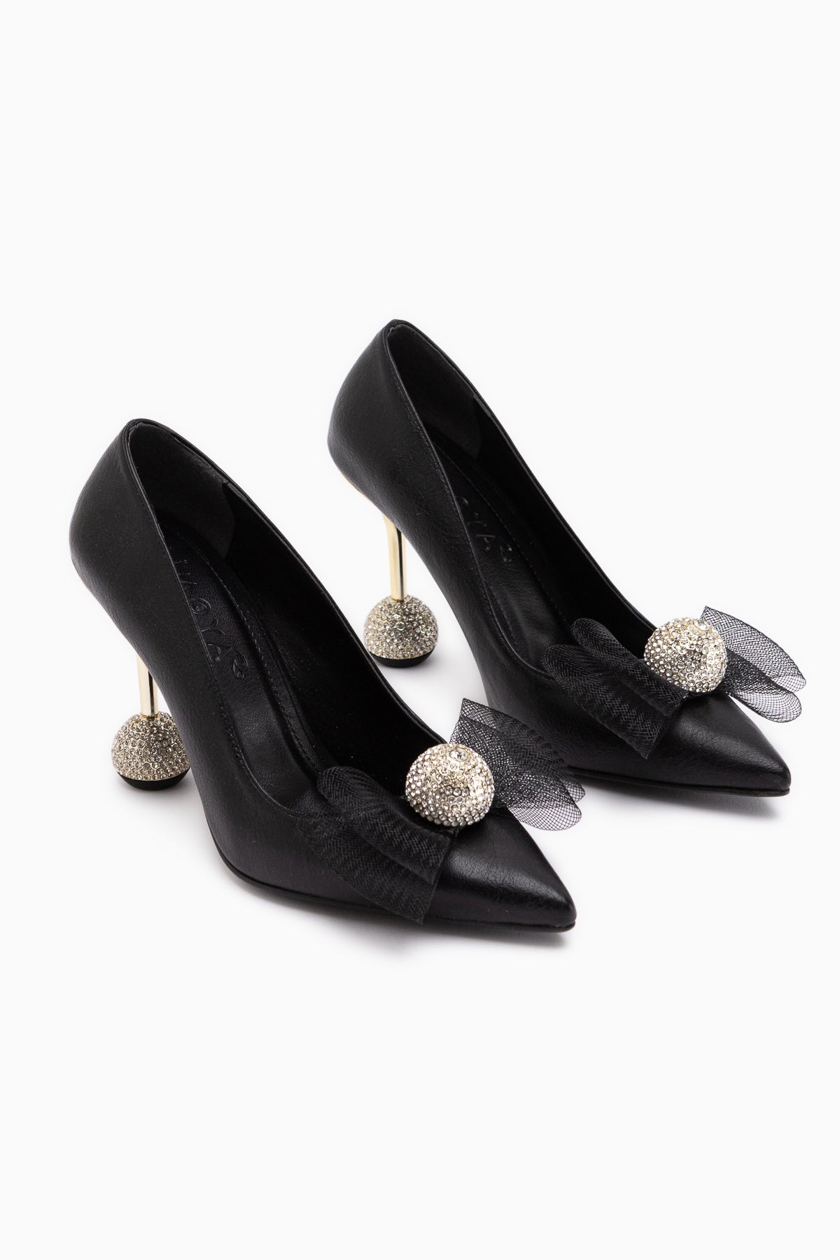 Partile Siyah Disko Topu Detaylı Tül Fiyonklu Stiletto