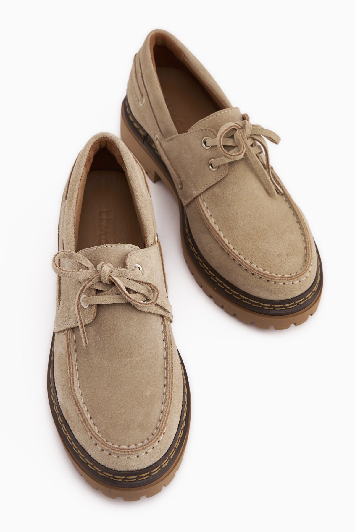 Matina Hakiki Deri Bej Süet Bağcıklı Kalın Taban Kadın Loafer Ayakkabı