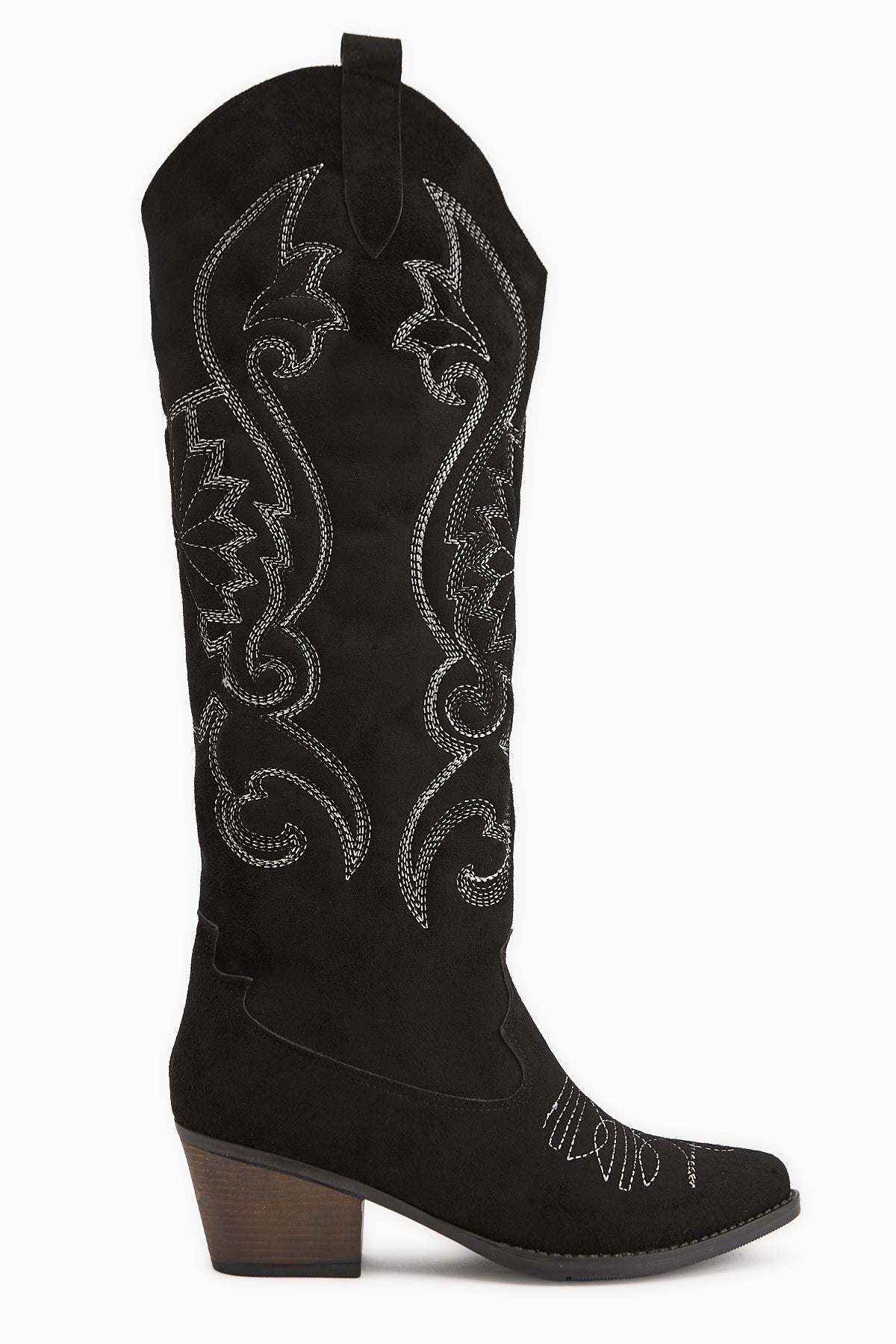 Dani Siyah Süet Nakış Detaylı Sivri Burunlu Western Çizme
