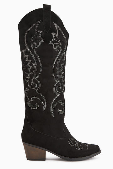 Dani Siyah Süet Nakış Detaylı Sivri Burunlu Western Çizme