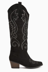 Dani Siyah Süet Nakış Detaylı Sivri Burunlu Western Çizme