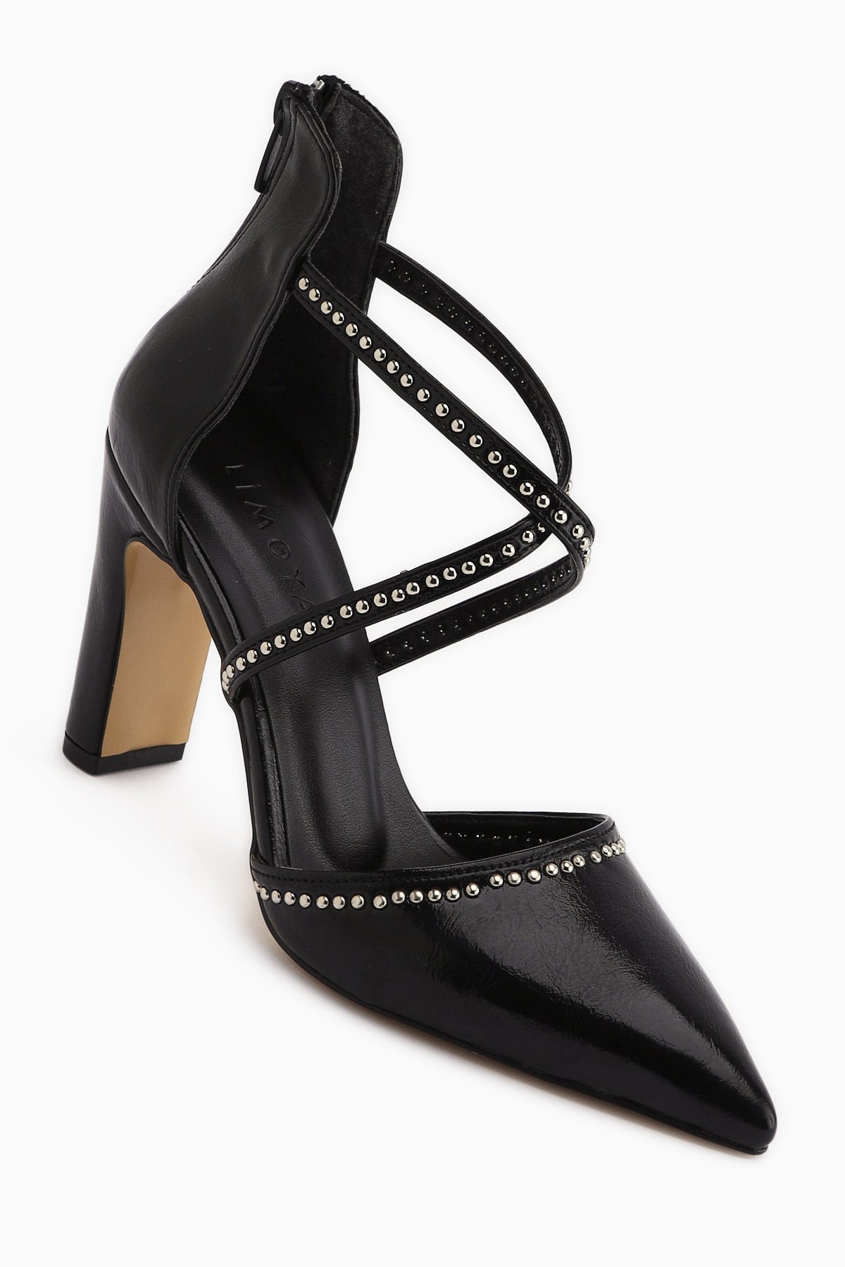Neyla Siyah Zımba Detaylı Çapraz Bantlı Sivri Burunlu Kadın Topuklu Ayakkabı