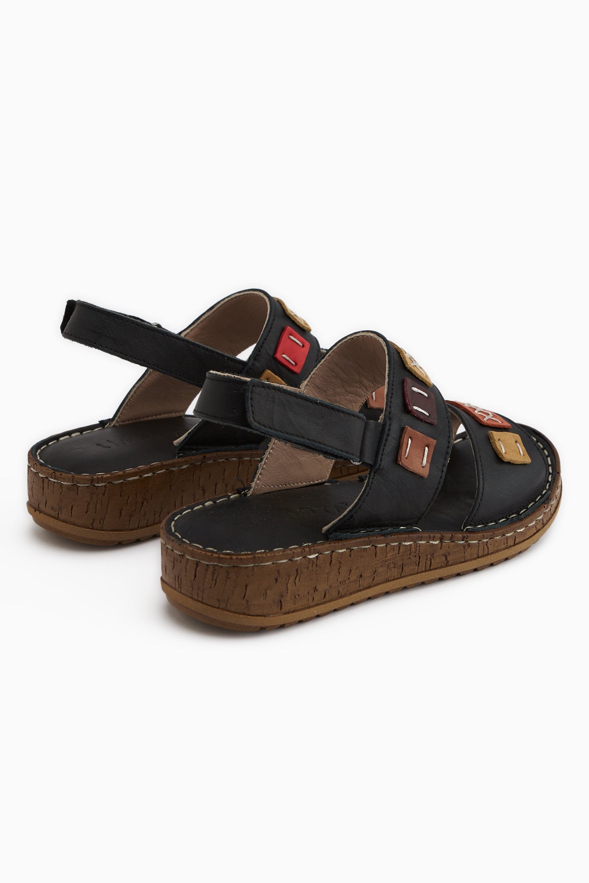 Loreta Hakiki Deri Siyah Çift Bantlı Kadın Sandalet