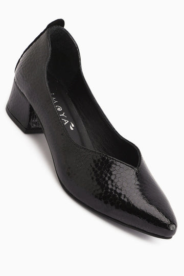 Samia Hakiki Deri Siyah Yılan Desenli Kalın Topuklu Kadın Ayakkabı