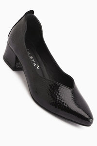 Samia Hakiki Deri Siyah Yılan Desenli Kalın Topuklu Kadın Ayakkabı