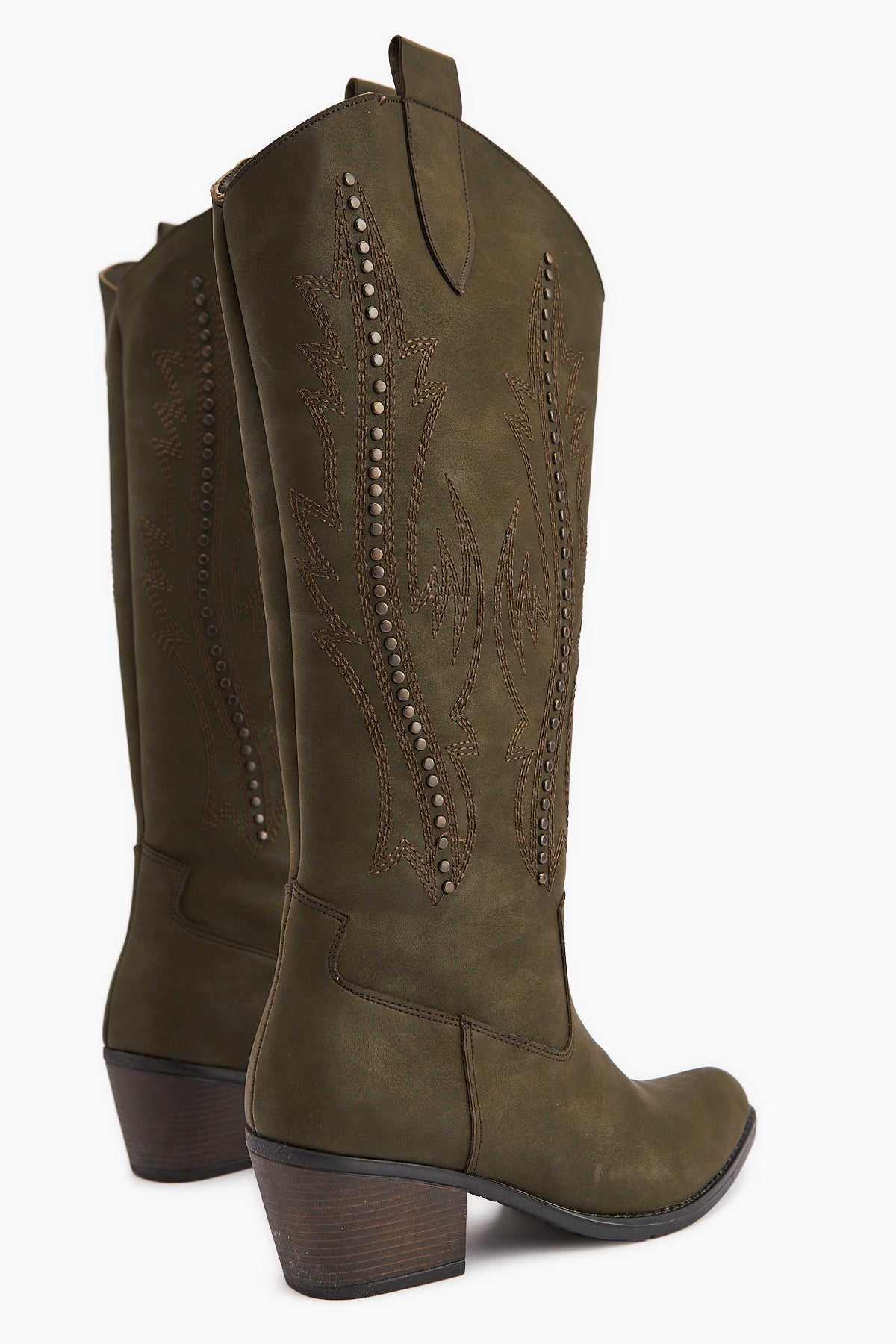 Fizaro Haki Sivri Burunlu Nakışlı Zımba Detaylı Western Çizme