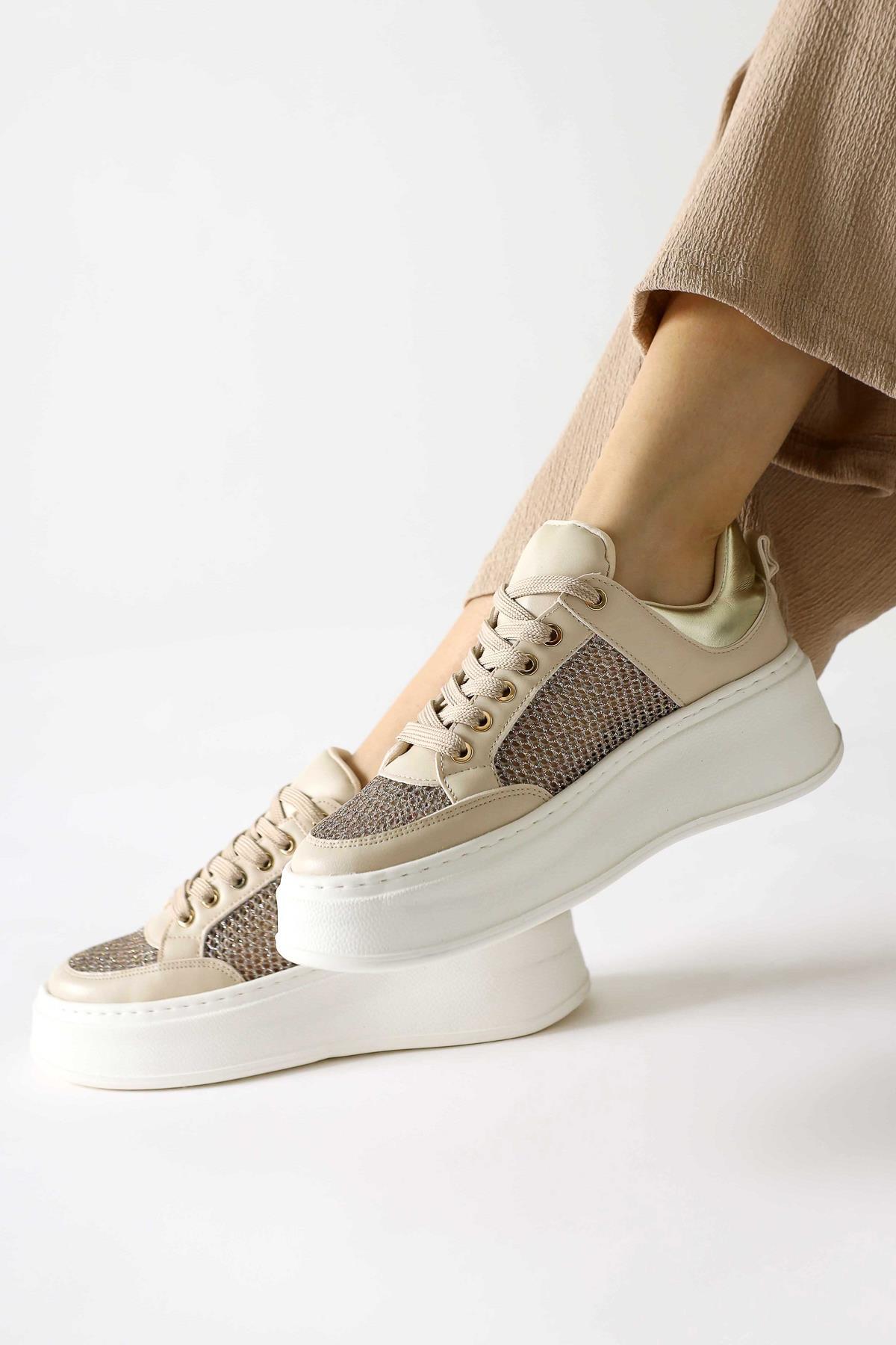 Emilina Krem Fileli Bağcıklı Sneakers