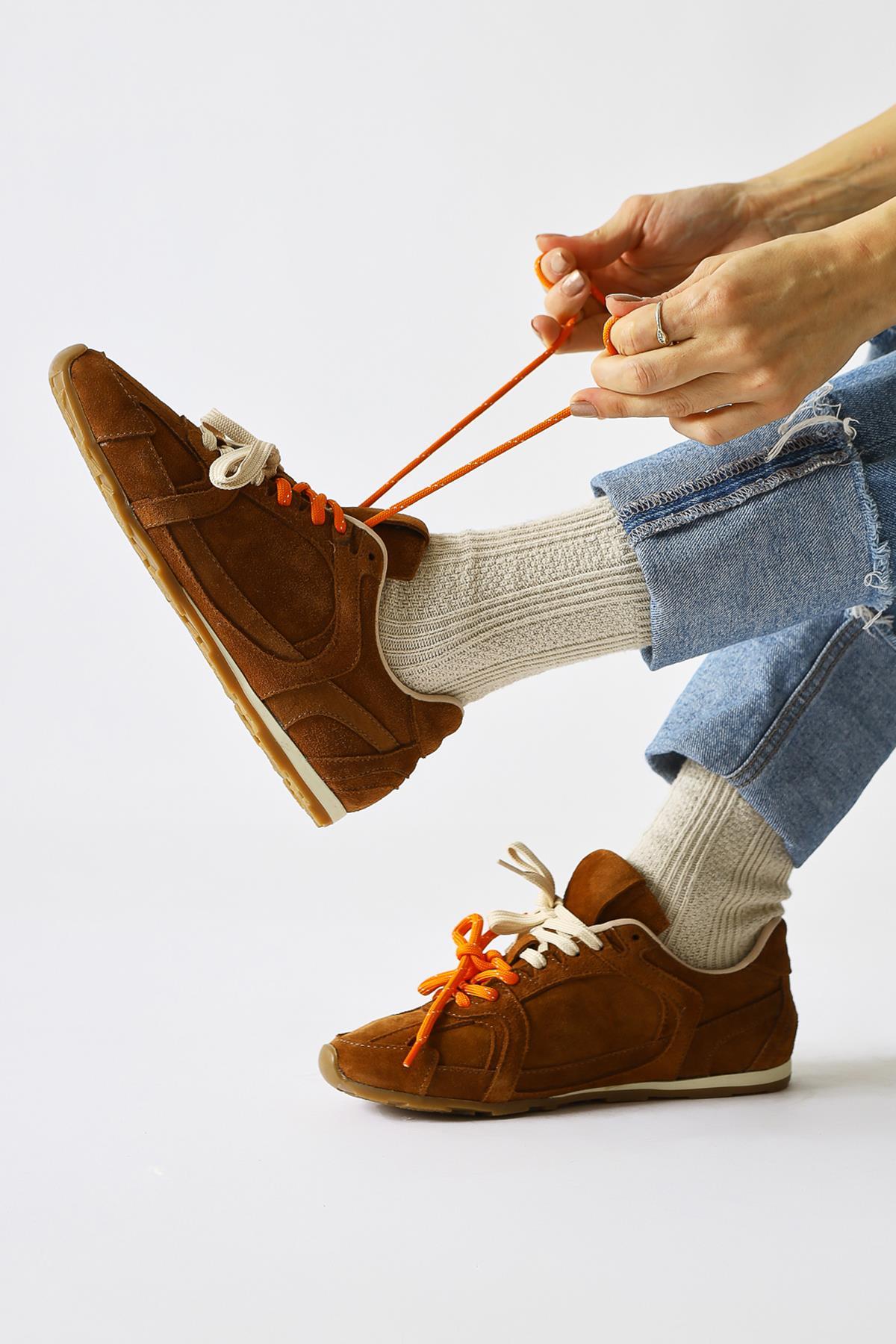 Hakiki Deri Sue Taba Süet Çift Bağcıklı Sneakers