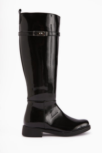 Kanako Siyah Rugan Aksesuarlı Fermuarlı Kısa Topuklu Çizme