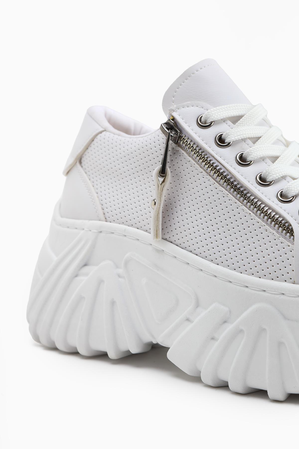 Betty Beyaz Yüksek Tabanlı Fermuar Detaylı Kadın Sneakers