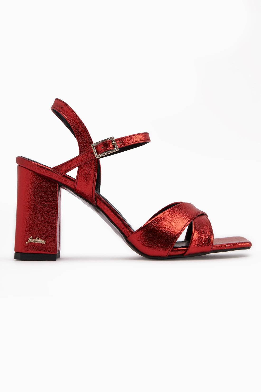Lean Kırmızı Çapraz Bantlı Kalın Topuklu Kadın Sandalet