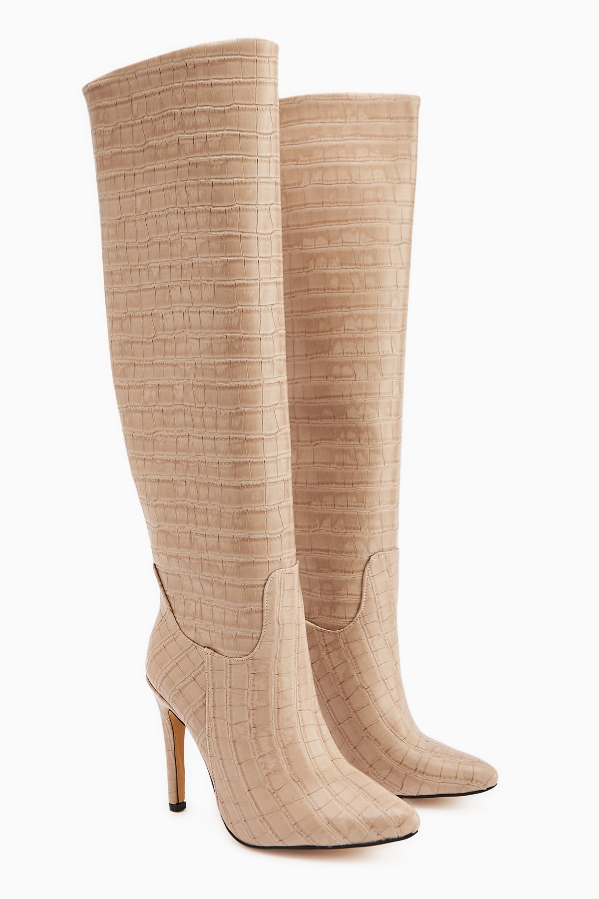 Nenya Bej Kroko Desenli Sivri Burunlu İnce Topuklu Dizüstü Çizme
