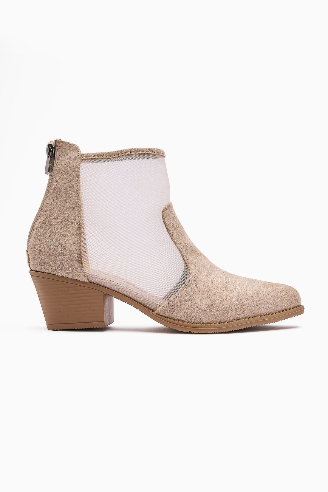 Mari Bej Süet Nakışlı Kalın Topuklu Kadın Western Yazlık Bot