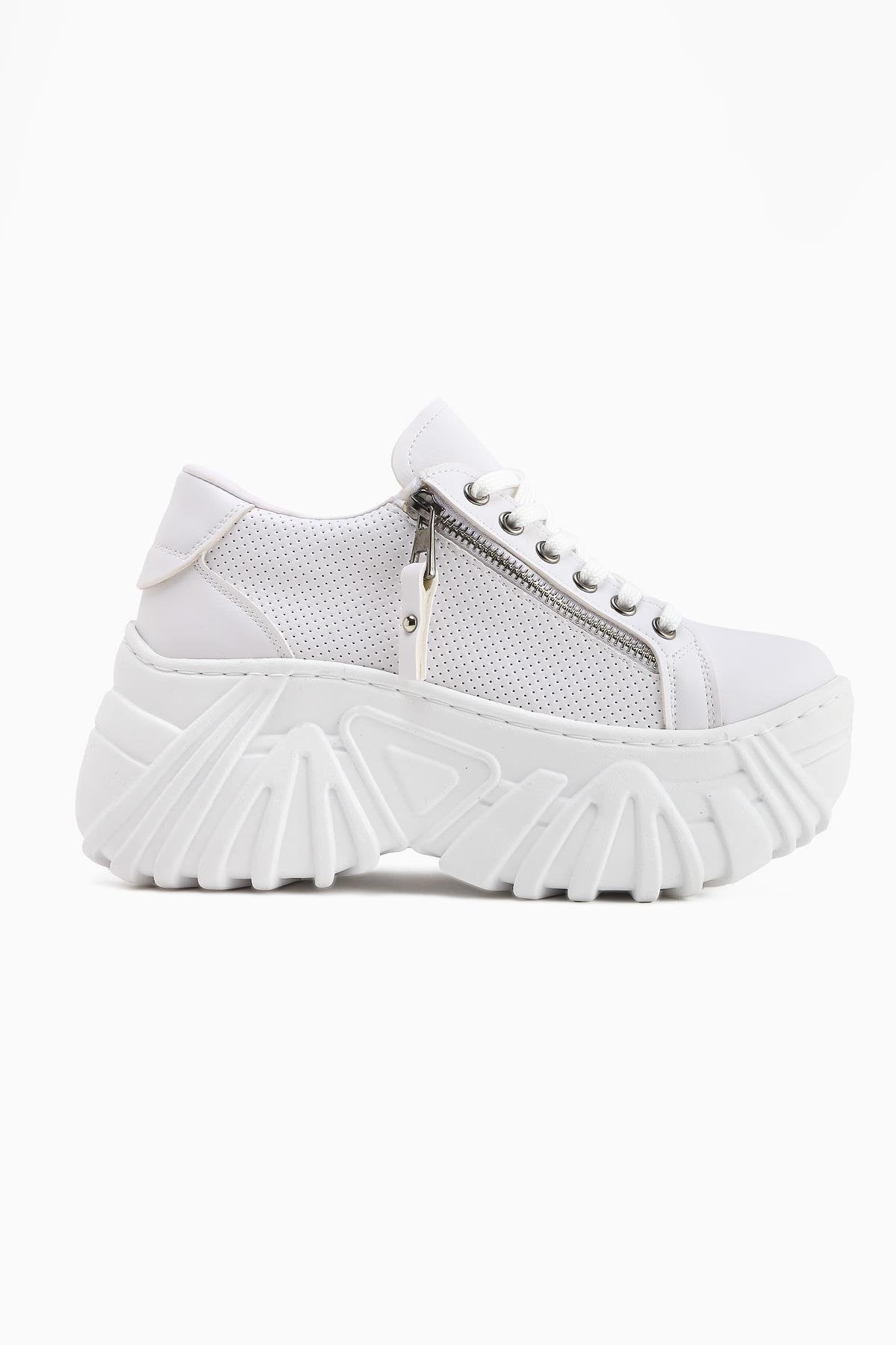 Betty Beyaz Yüksek Tabanlı Fermuar Detaylı Kadın Sneakers