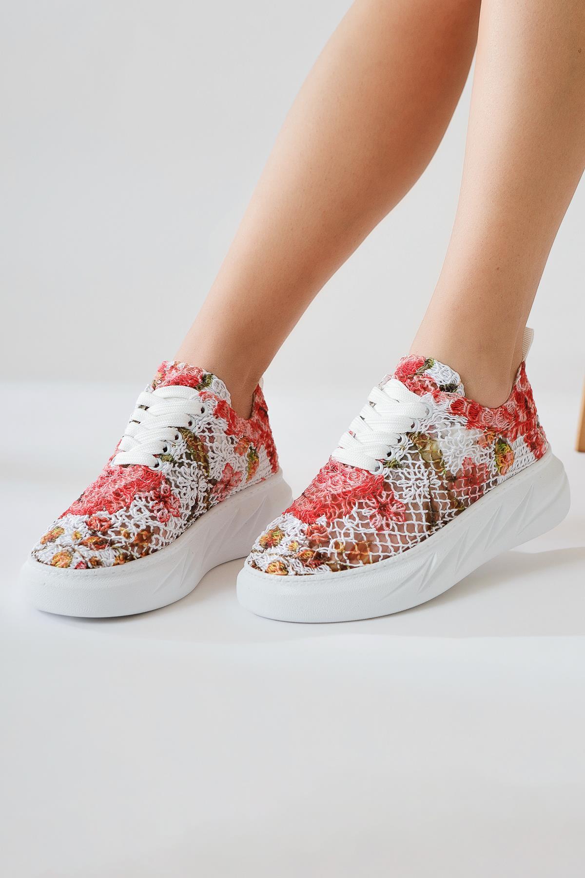 Biba Kırmızı Triko Desen Baskılı Bağcıklı Sneaker