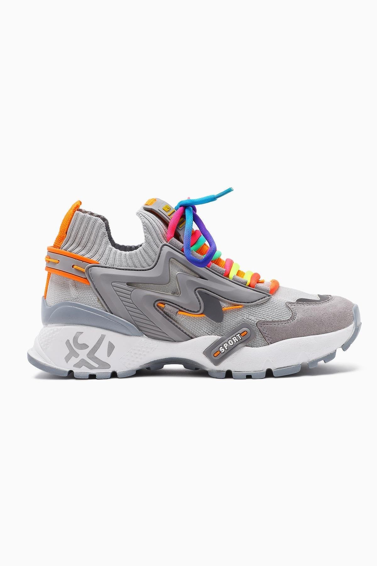 Anabell Gri Triko Süet Detaylı Renkli Bağcıklı Kadın Sneakers