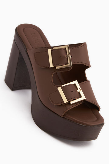 Leida Kahve Tokalı Platform Topuklu Kadın Terlik