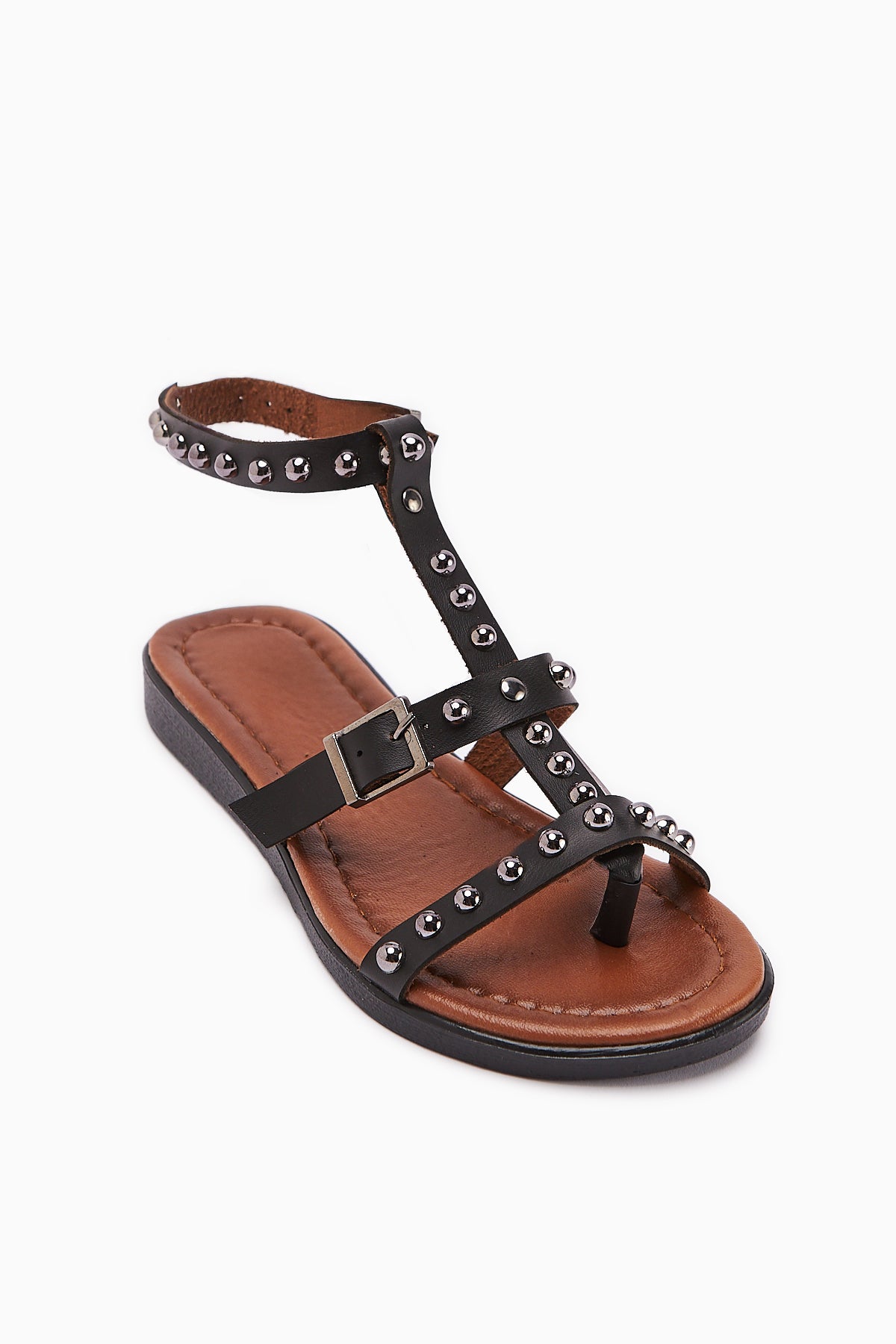 Hakiki Deri Hivin Siyah Metal Boncuk Detaylı Sandalet