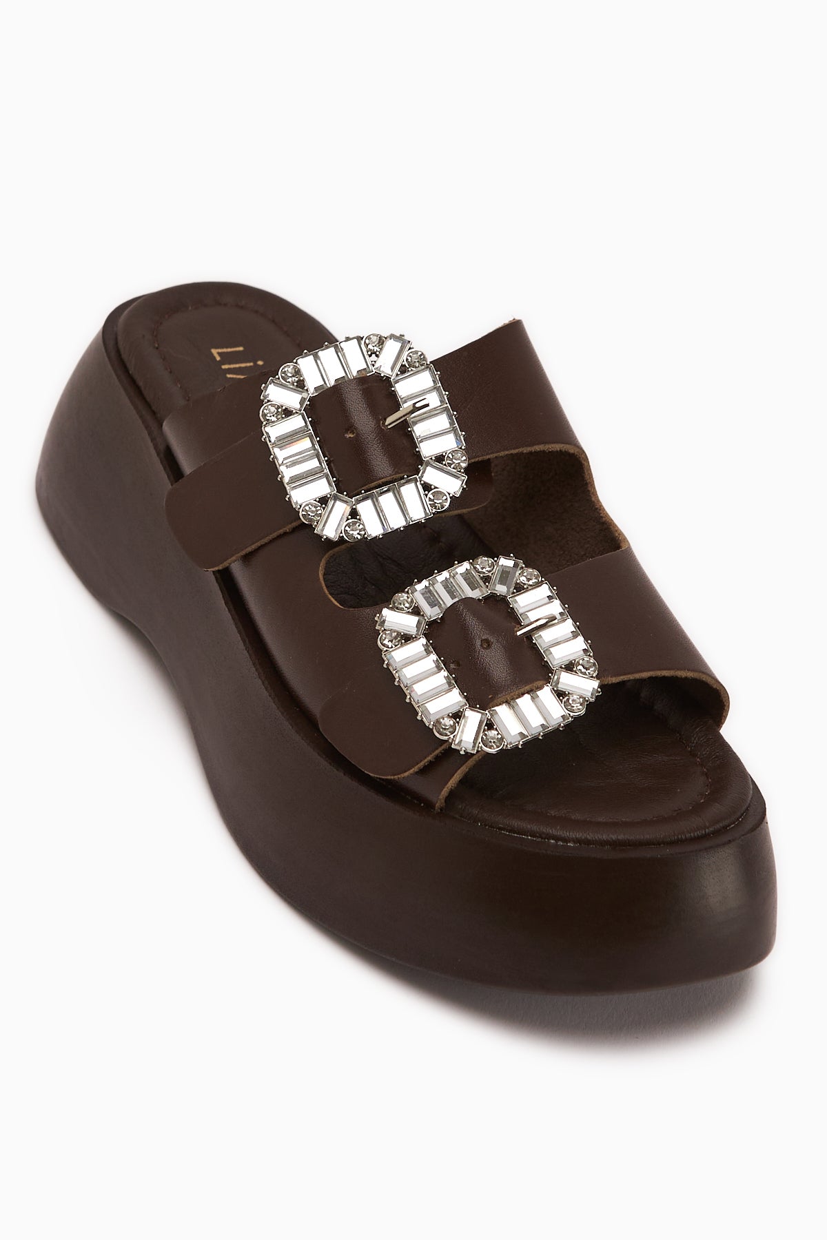 Daina Hakiki Deri Kahve Taşlı Kadın Terlik