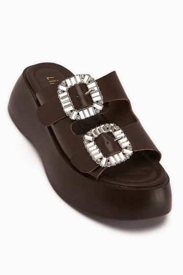 Daina Hakiki Deri Kahve Taşlı Kadın Terlik