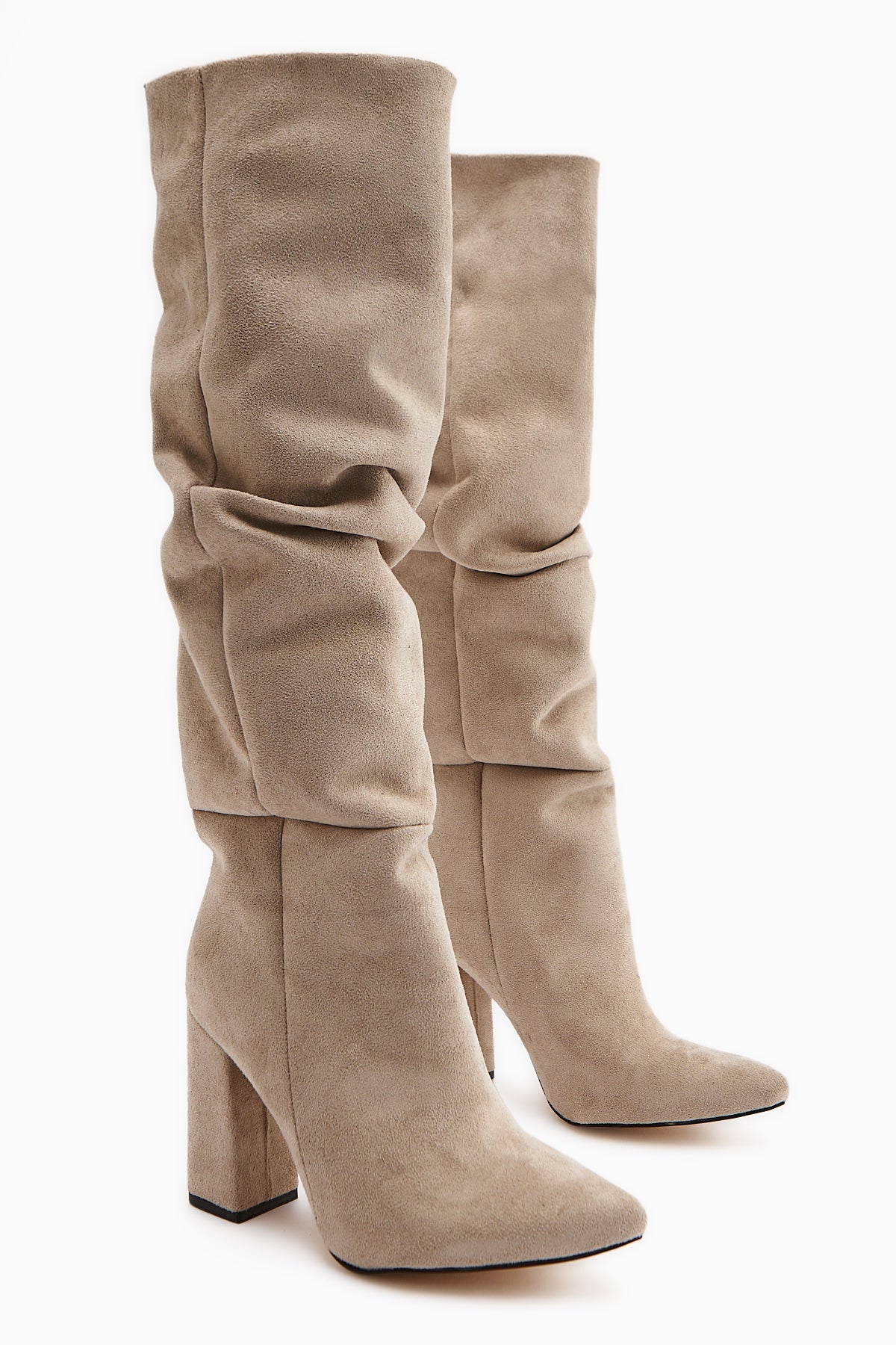 Loren Bej Süet Siveri Burunlu Yüksek Topuklu Dizaltı Çizme
