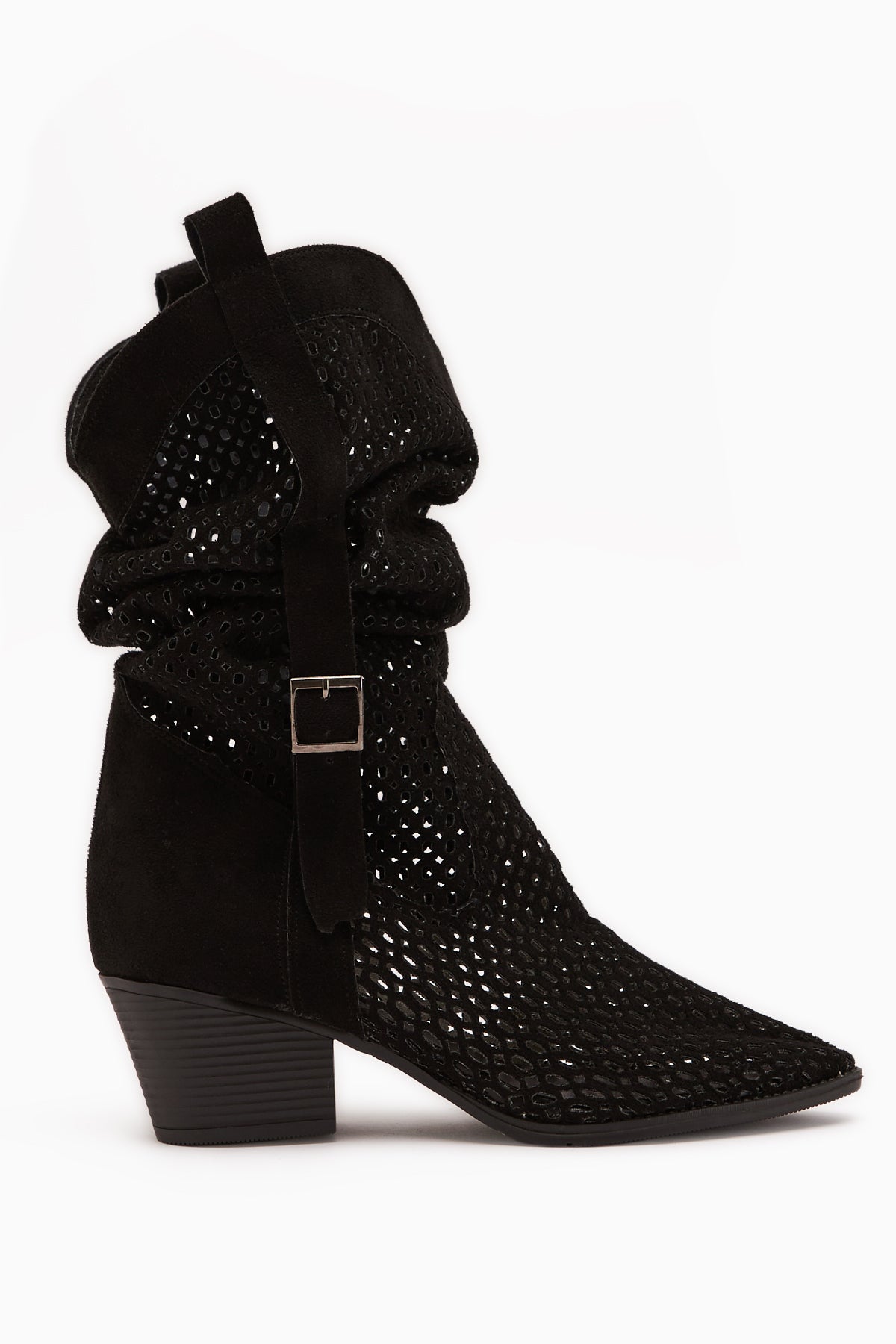 Orietta Siyah Süet Lazer Kesim Körüklü Yazlık Çizme