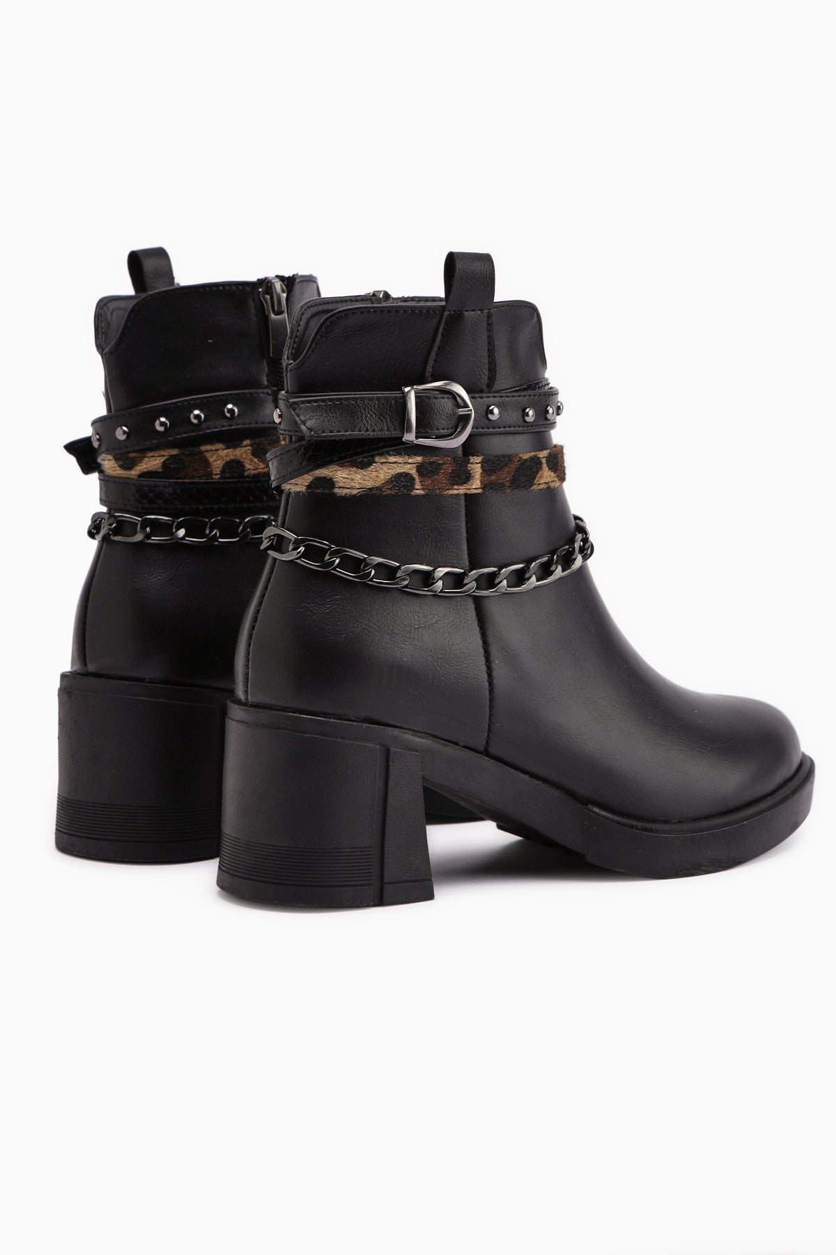 Anissa Siyah Zincir ve Kemer Detaylı Kalın Topuklu Kadın Bot