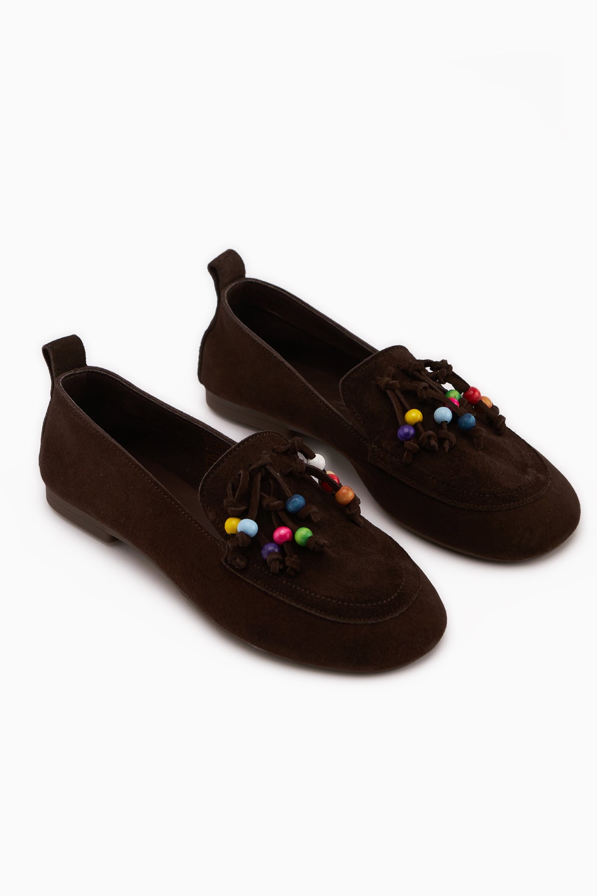 Benita Hakiki Deri Kahve Boncuk Detaylı Püsküllü Loafer Kadın Günlük Ayakkabı