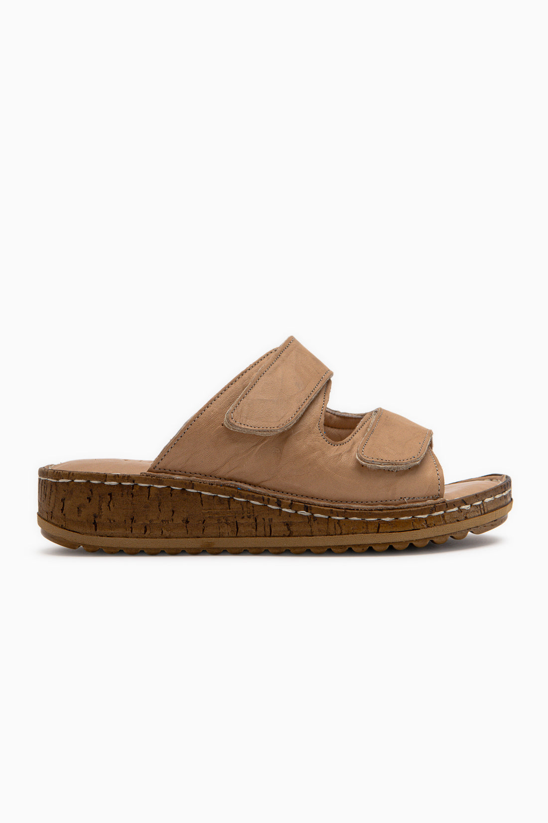 Aditi Hakiki Deri Bej Çift Bantlı Kadın Terlik