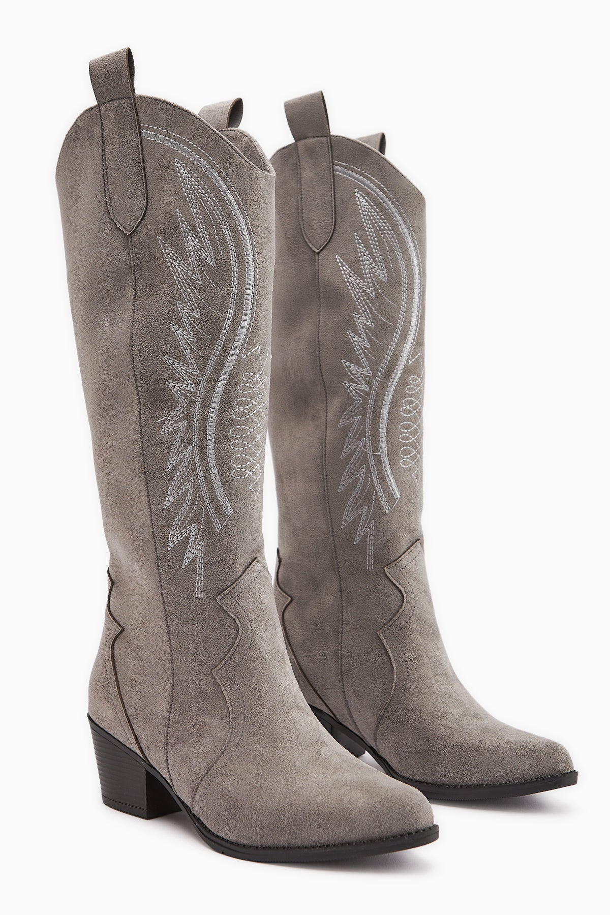 Hero Gri Süet Nakışlı Kovboy Çizme