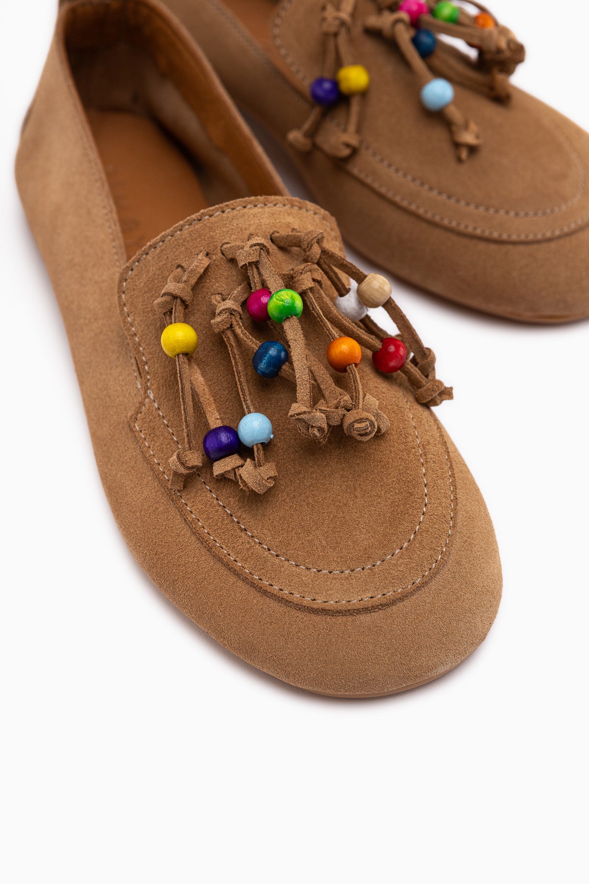 Benita Hakiki Deri Bej Boncuk Detaylı Püsküllü Loafer Kadın Günlük Ayakkabı