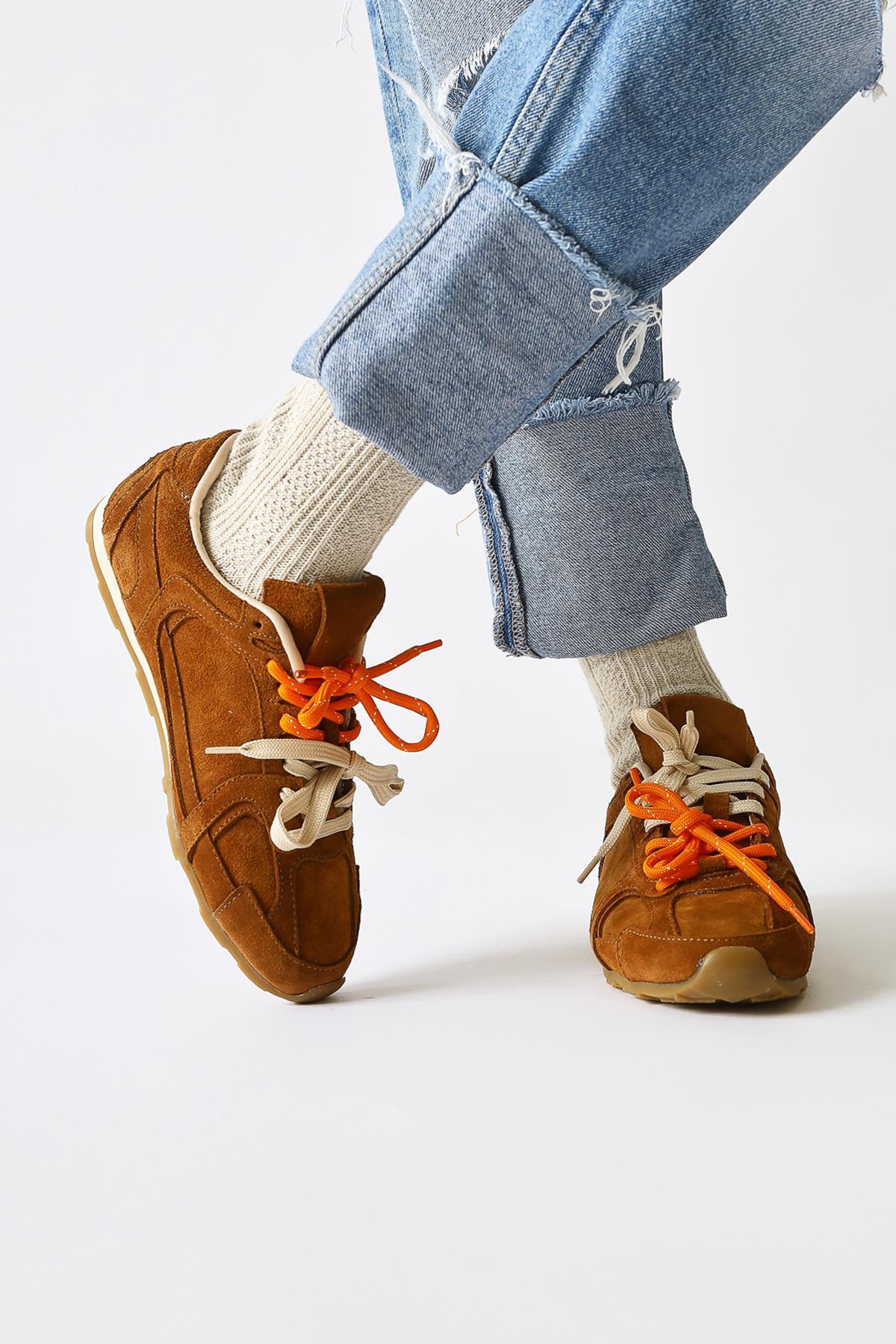Hakiki Deri Sue Taba Süet Çift Bağcıklı Sneakers