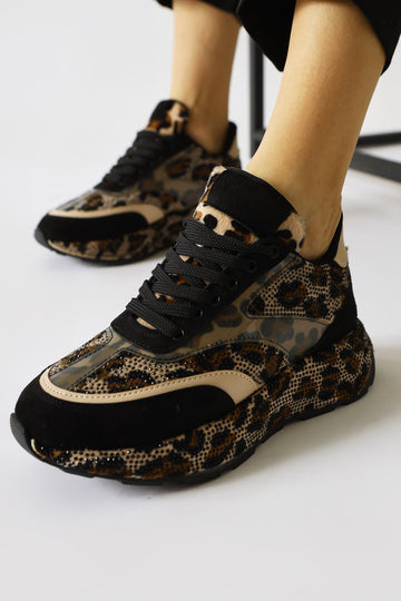 Kada Bej Leopar Desenli Taş Detaylı Sneakers