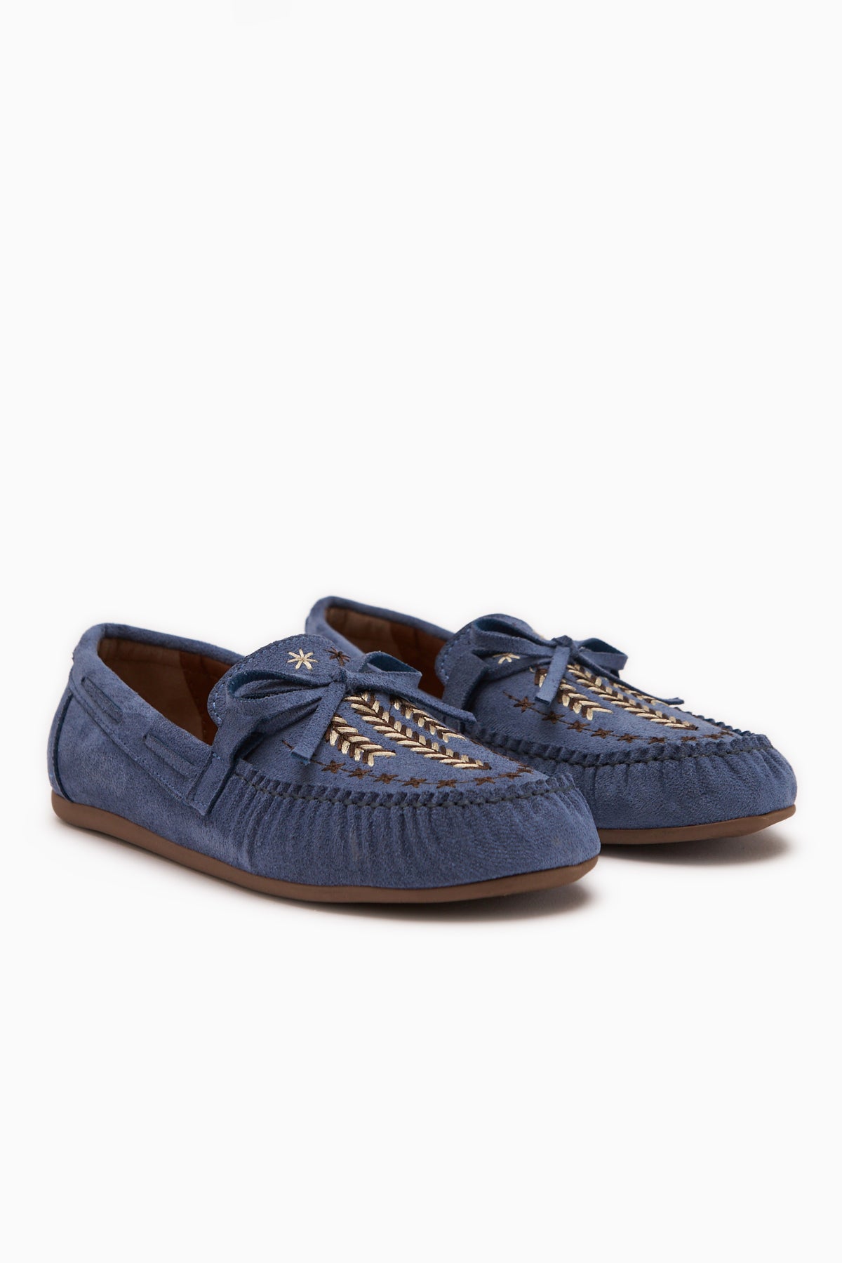 Darya Mavi Süet Nakışlı Makosen Ayakkabı Kadın Loafer