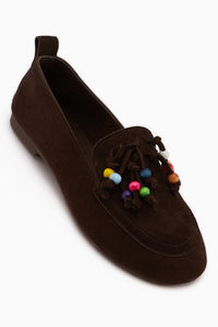 Benita Hakiki Deri Kahve Boncuk Detaylı Püsküllü Loafer Kadın Günlük Ayakkabı