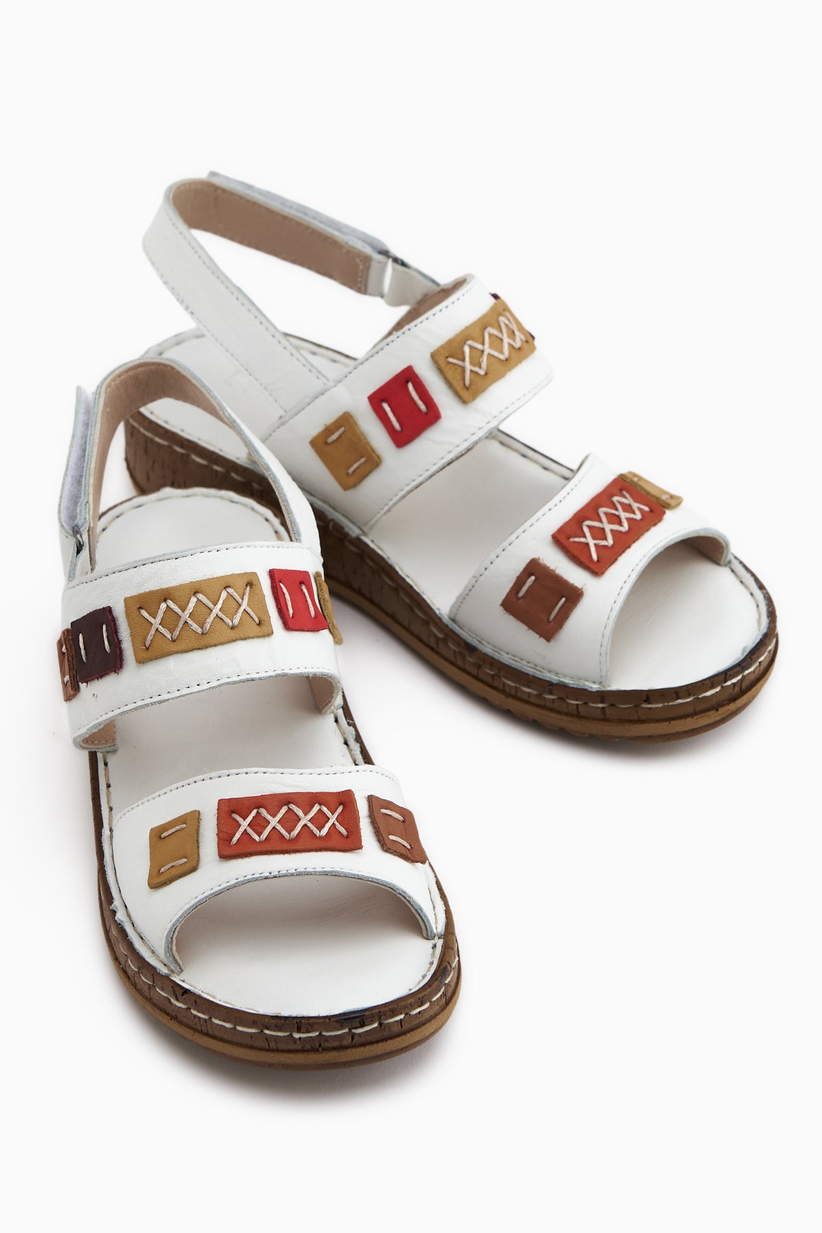 Loreta Hakiki Deri Beyaz Çift Bantlı Kadın Sandalet