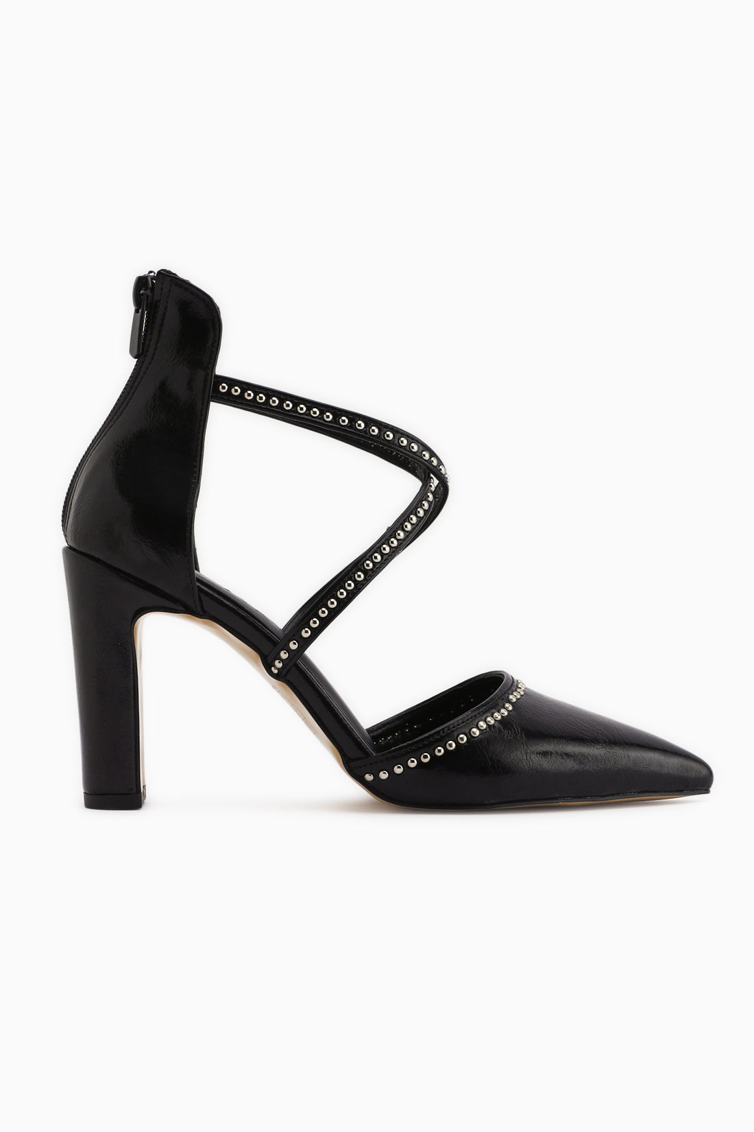 Neyla Siyah Zımba Detaylı Çapraz Bantlı Sivri Burunlu Kadın Topuklu Ayakkabı