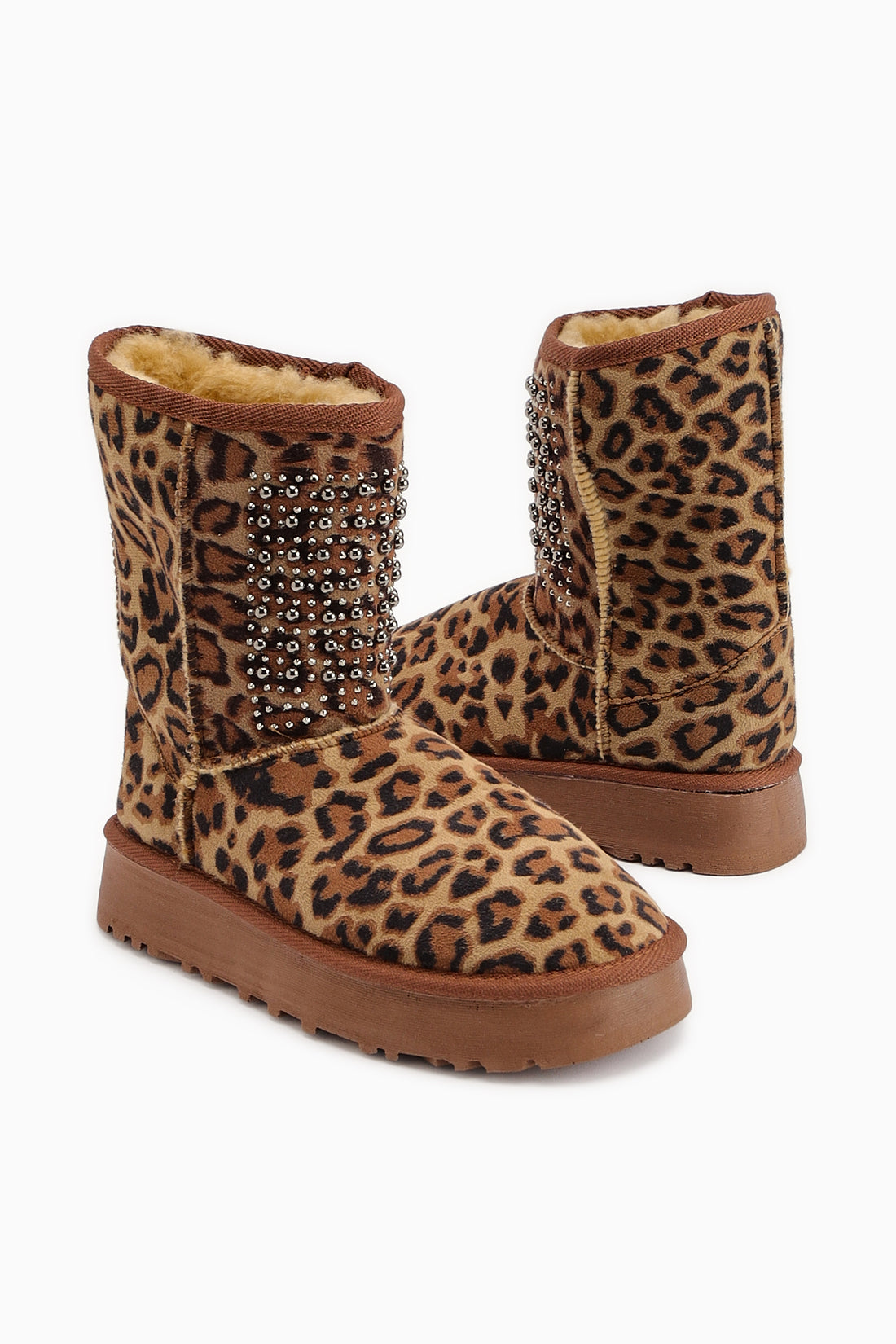 Anna-Li Leopar Desenli Süet İçi Kürklü Boncuk Detaylı Çekme Bot