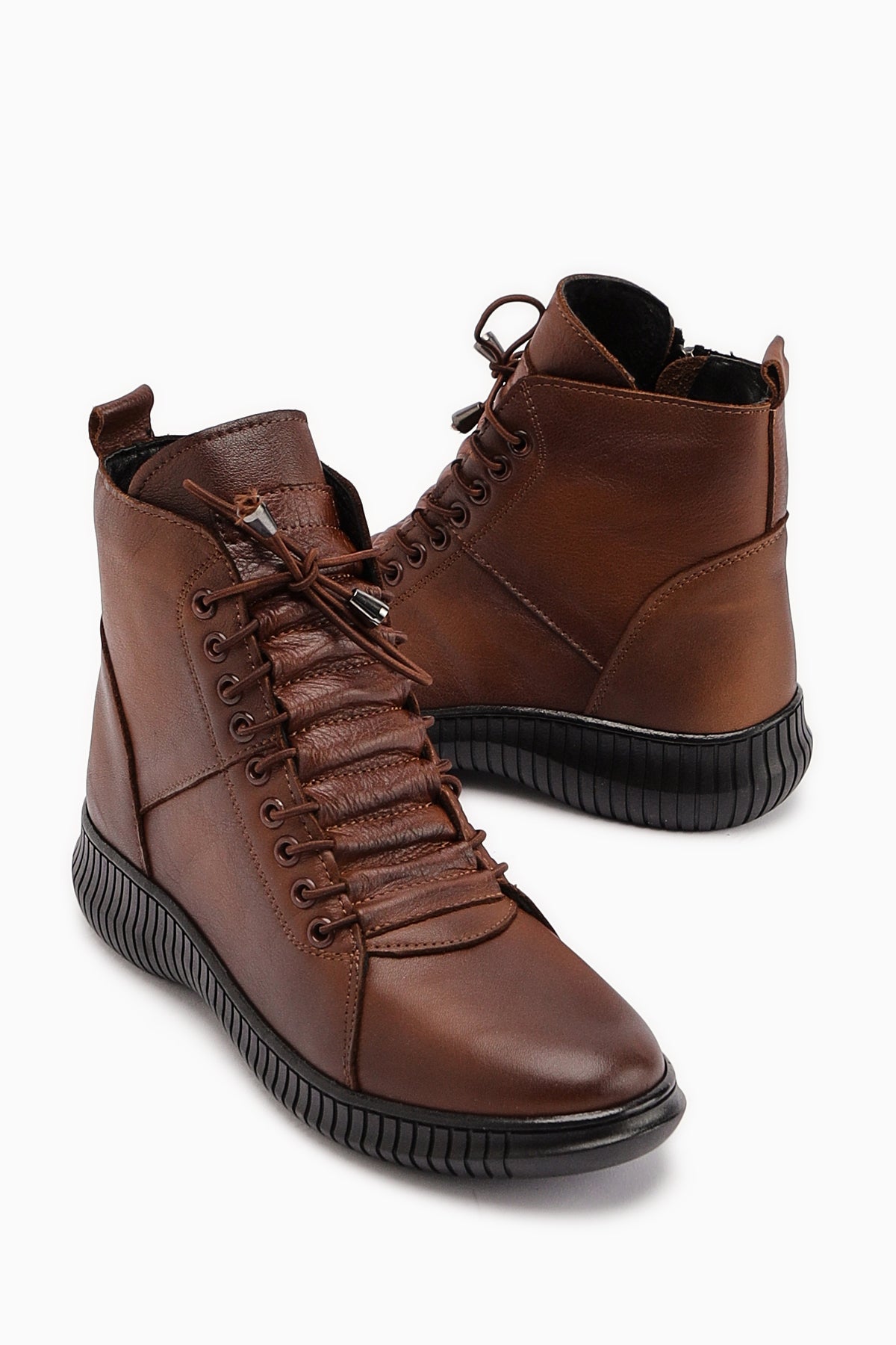 Jina Hakiki Deri Kahve Bağcıklı Kadın Bot