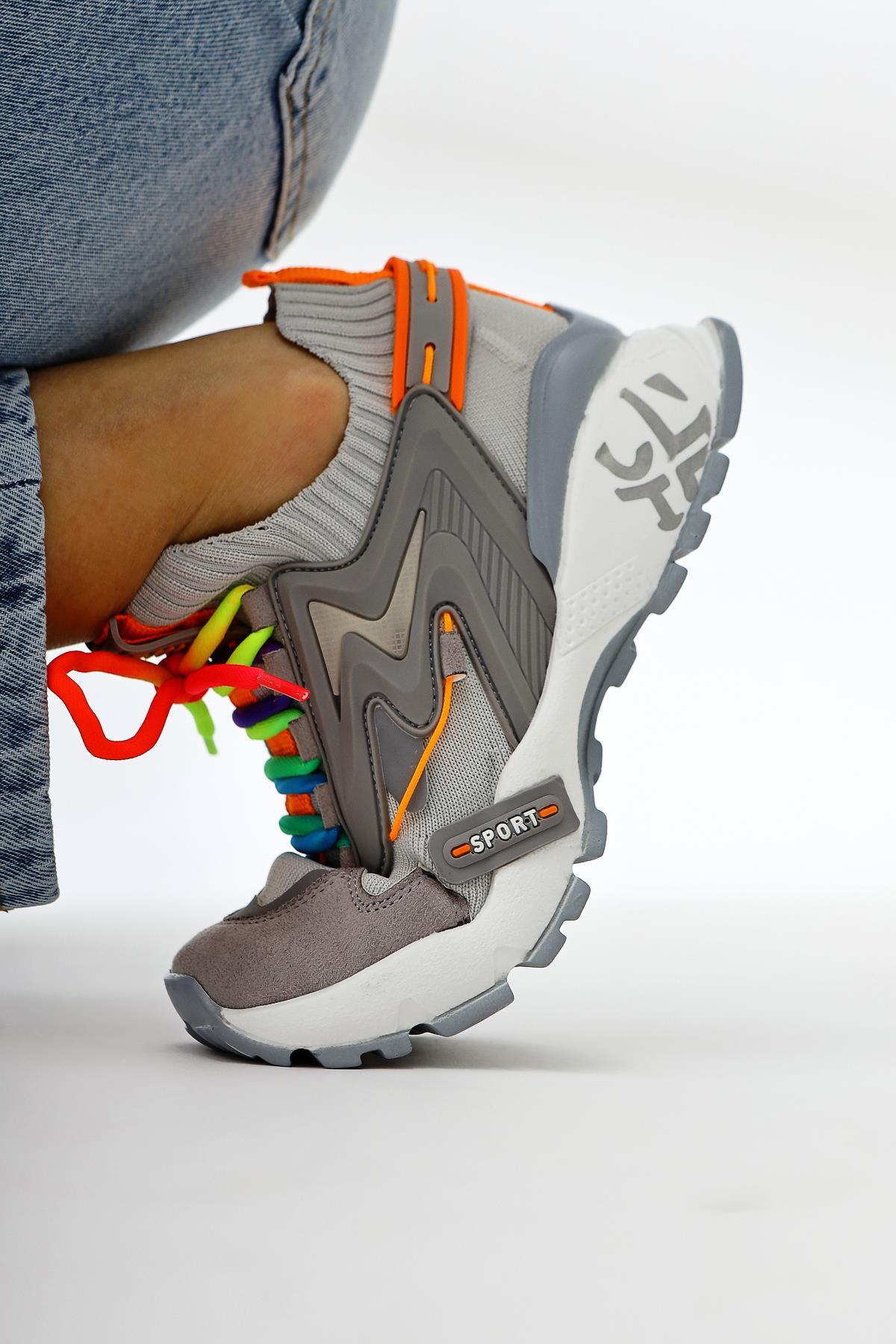 Anabell Gri Triko Süet Detaylı Renkli Bağcıklı Kadın Sneakers