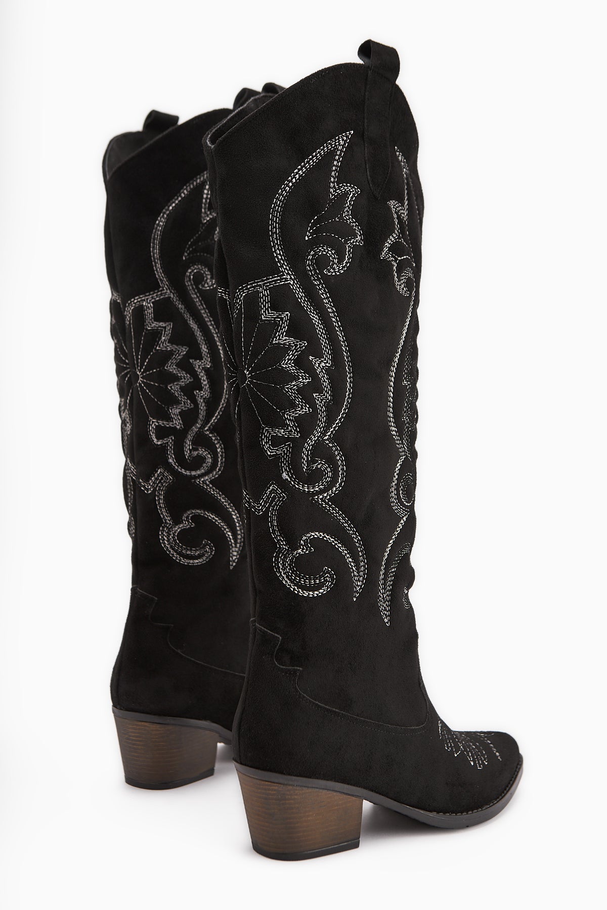 Dani Siyah Süet Nakış Detaylı Sivri Burunlu Western Çizme