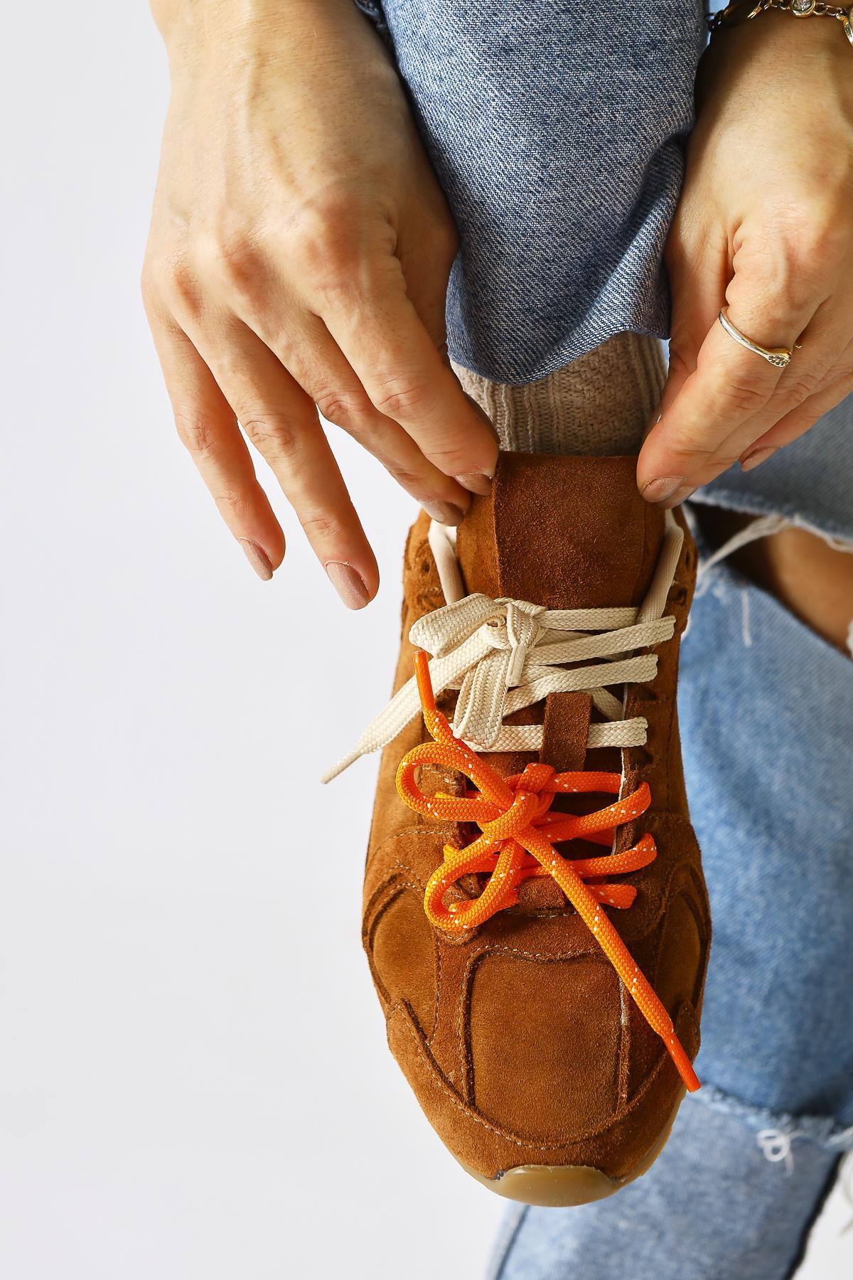 Hakiki Deri Sue Taba Süet Çift Bağcıklı Sneakers