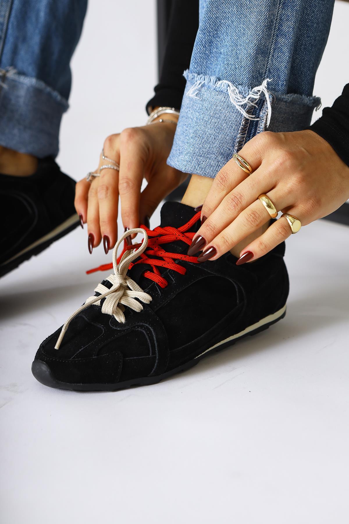 Hakiki Deri Sue Siyah Süet Çift Bağcıklı Sneakers
