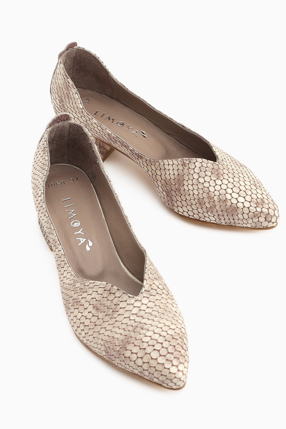 Samia Hakiki Deri Bej Yılan Desenli Kalın Topuklu Kadın Ayakkabı